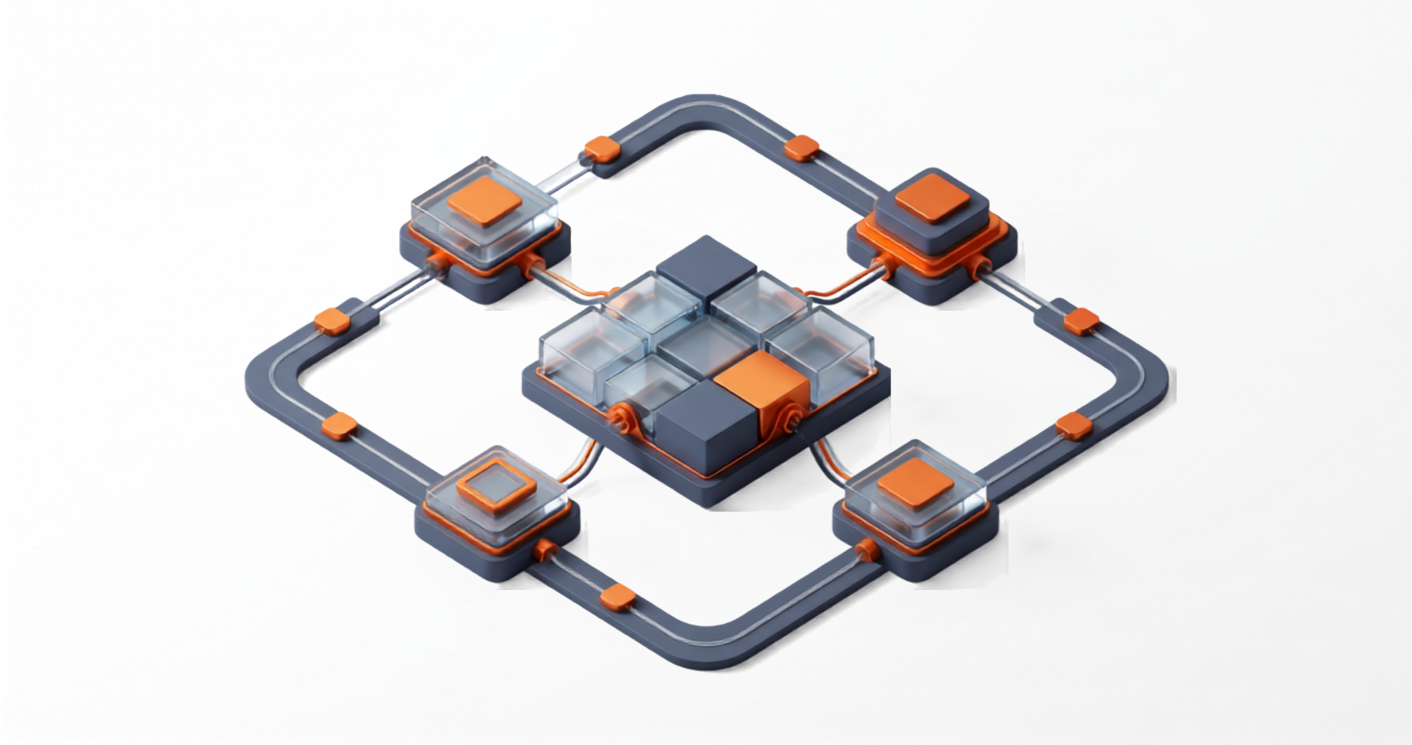 Ilustração 3D em perspectiva isométrica mostrando um sistema de rede conectada em formato losangular. No centro, há uma plataforma com blocos cinzas, laranjas e transparentes, interligada por canais e cabos a quatro nós periféricos em um fundo branco limpo.