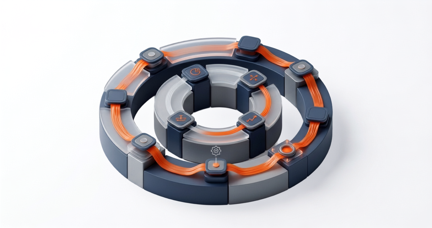 Ilustração 3D conceitual em fundo branco composta por uma estrutura circular tridimensional com blocos em cinza-azulado, conexões fluídas em laranja e ícones técnicos, representando a arquitetura e integração de dados de um CRM B2B.
