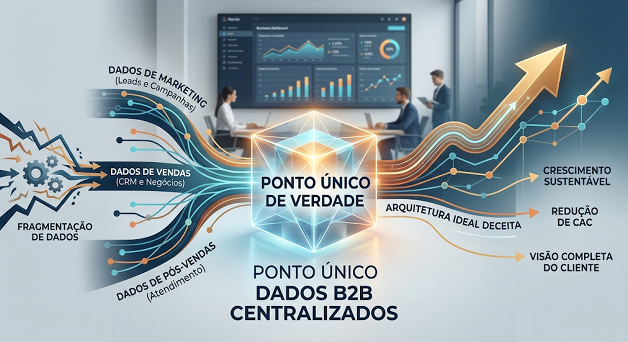 Visualização conceitual de arquitetura de receita B2B, mostrando fluxos de dados de Marketing e Vendas centralizados no HubSpot CRM como 'fonte única de verdade' para crescimento empresarial.  A imagem reflete a transição dos silos fragmentados para um sistema unificado, utilizando o HubSpot CRM como o hub central que impulsiona o crescimento, o que ajuda a reforçar a autoridade do seu conteúdo sobre o tema.