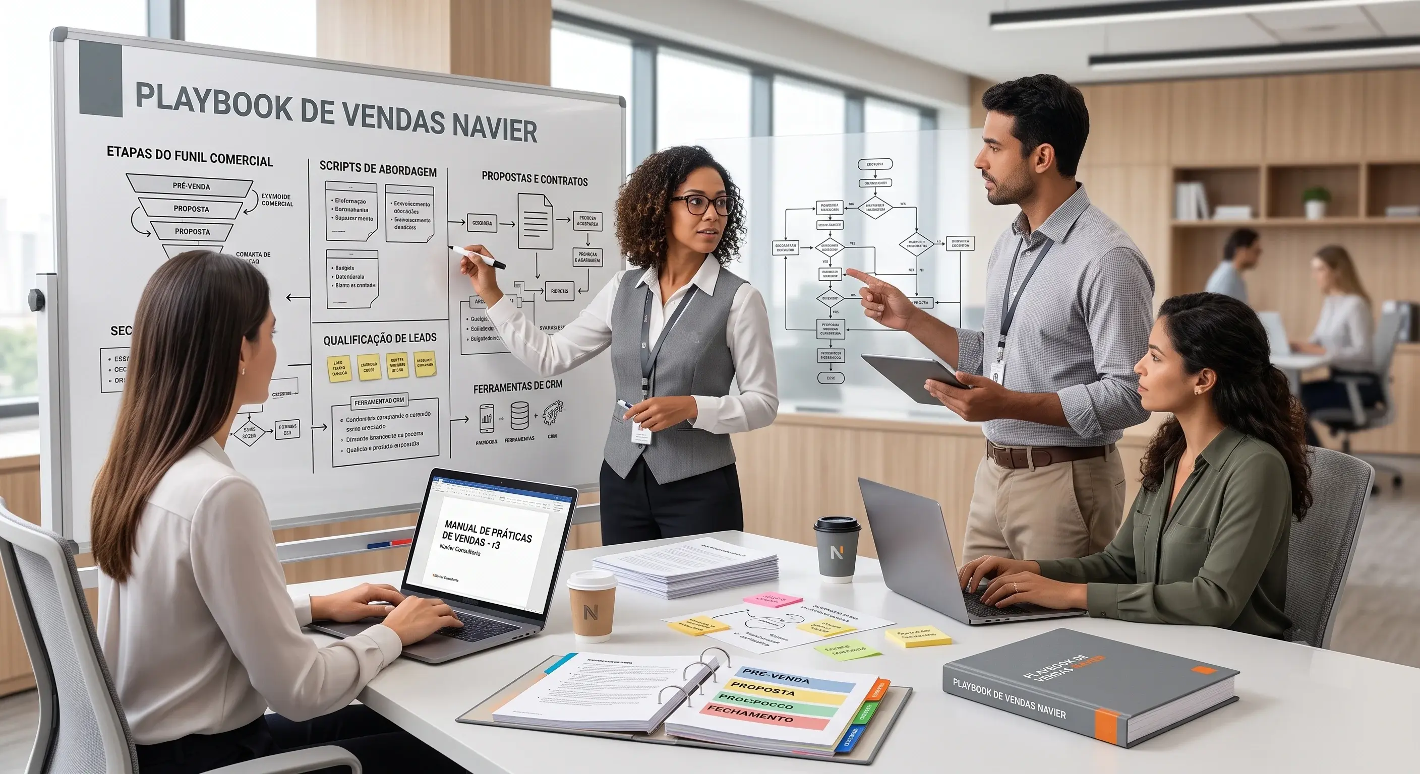 Equipe de vendas reunida em torno de uma mesa discutindo o playbook comercial da Navier, com um quadro branco ao fundo detalhando etapas do funil, scripts de abordagem, qualificação de leads e ferramentas de CRM, além de laptops, blocos de anotações e um exemplar impresso do playbook sobre a mesa.