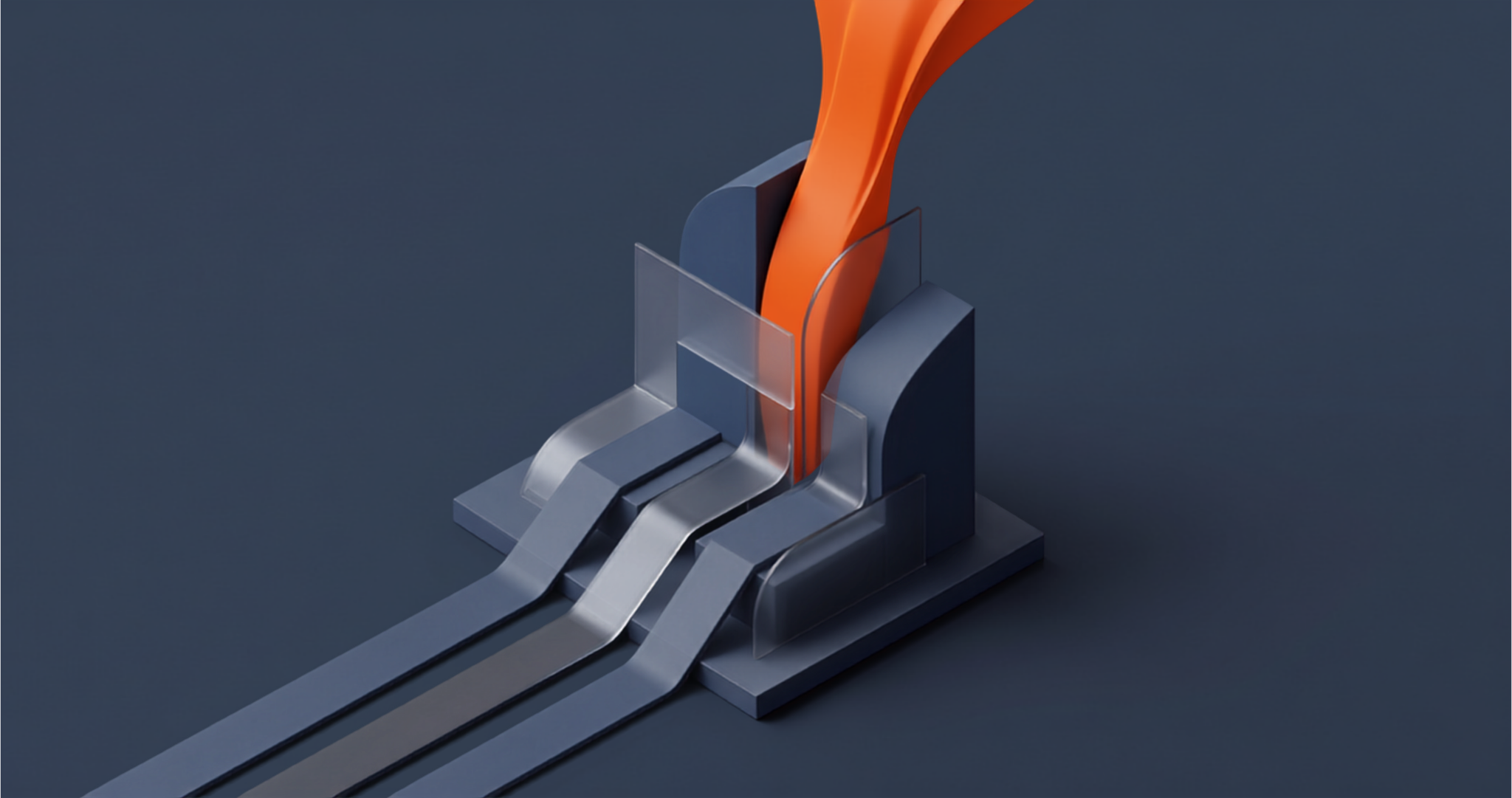 Ilustração 3D com três vias cinzas se unindo em uma estrutura central de onde sai um fluxo laranja ascendente.