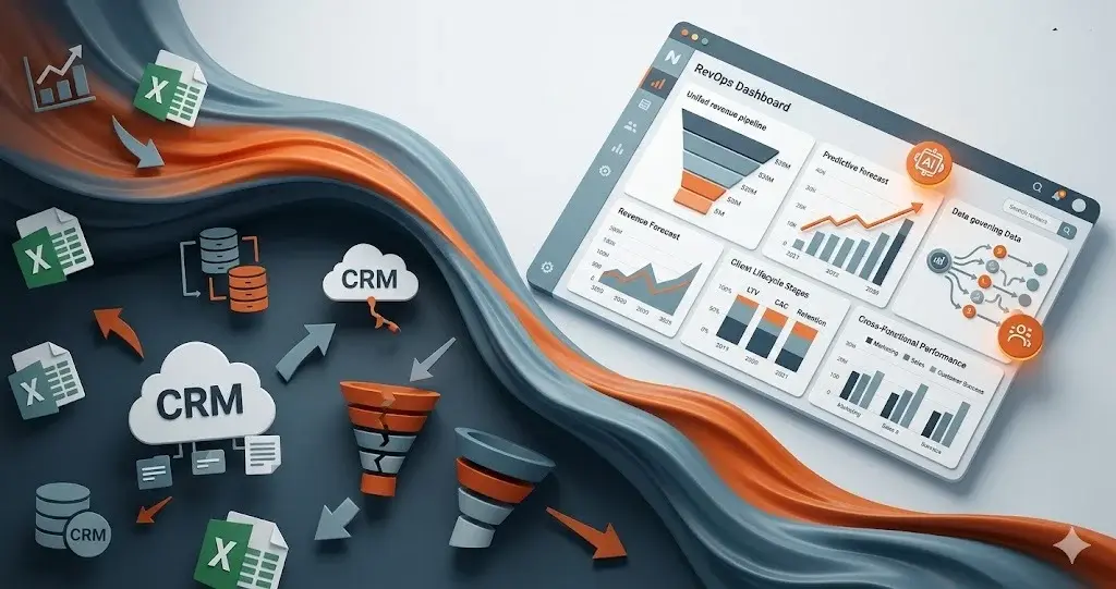 Dados fragmentados em Excel e CRMs isolados fluindo para um dashboard unificado de RevOps com pipeline, forecast e governança de dados