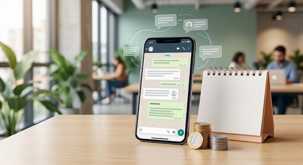 Fotografia de um smartphone sobre uma mesa de madeira exibindo uma tela de aplicativo de mensagens. Ao redor do aparelho flutuam ícones translúcidos de balões de conversa. Ao lado do celular, há um calendário de mesa em branco e pequenas pilhas de moedas, simbolizando custos e prazos. Ao fundo, de forma desfocada, vê-se um ambiente de escritório moderno com pessoas trabalhando.