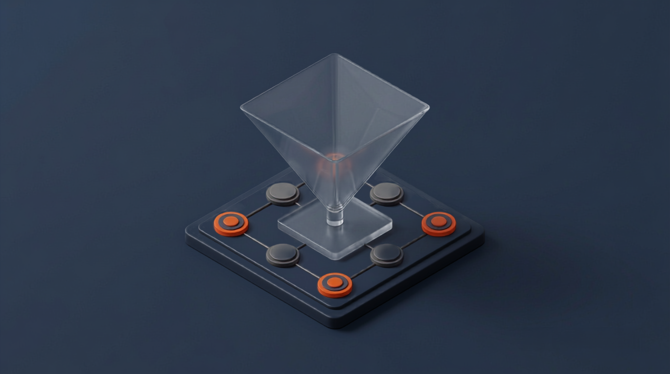 Composição 3D isométrica em tons de azul ardósia escuro com um ponto de acento laranja, ilustrando uma estrutura geométrica de funil invertido e nós direcionados, que representa a seleção estratégica de contas-alvo no marketing B2B.