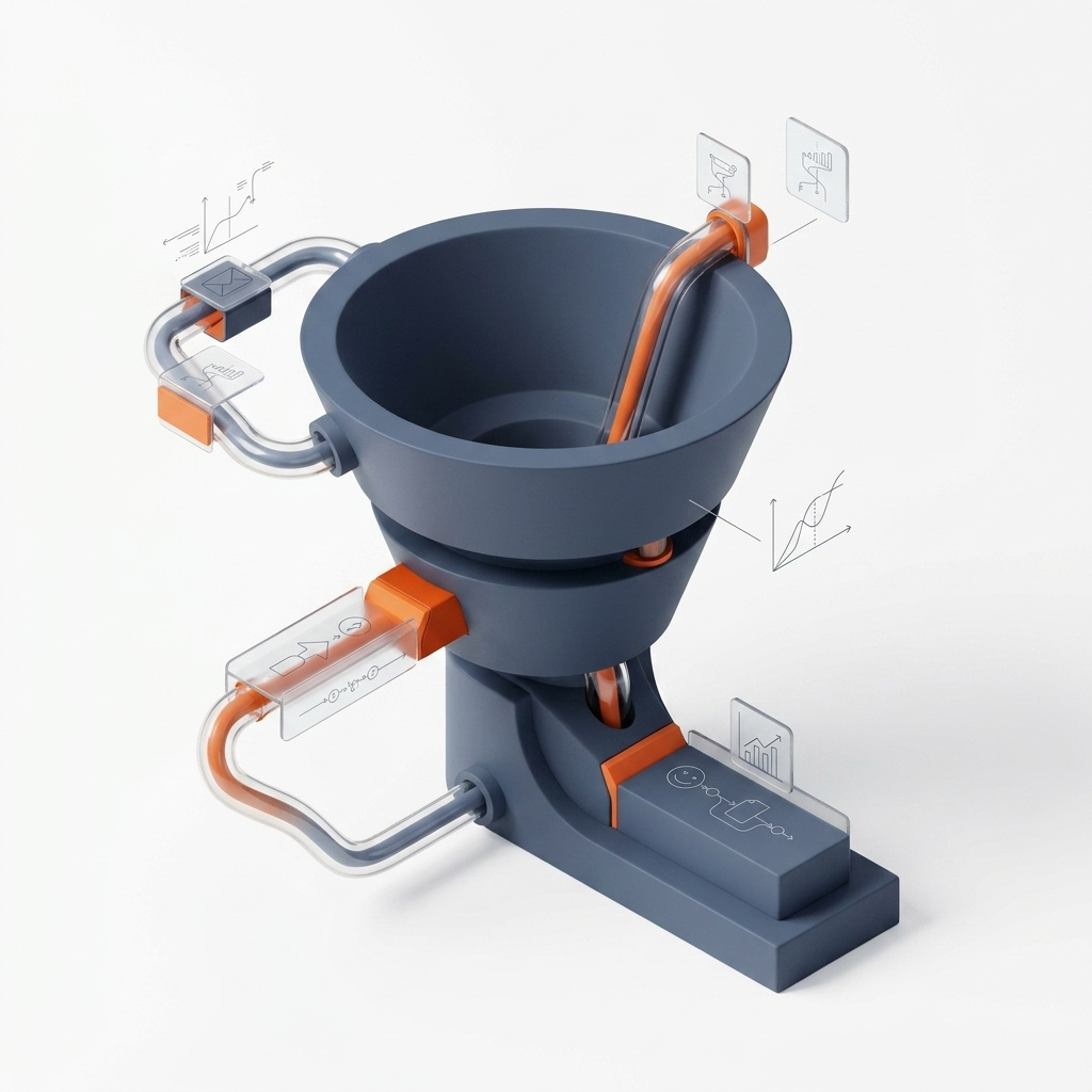 Uma renderização isométrica 3D minimalista ilustrando um funil de marketing B2B integrado e uma máquina de otimização de pipeline de vendas. Tubos de vidro transparente guiam um fluxo preciso de fluido laranja vibrante (representando fluxos de receita otimizados) através de componentes cinza-ardósia. Painéis de vidro flutuantes exibem gráficos de visualização de dados e ícones para fluxos de trabalho automatizados, engajamento e crescimento.