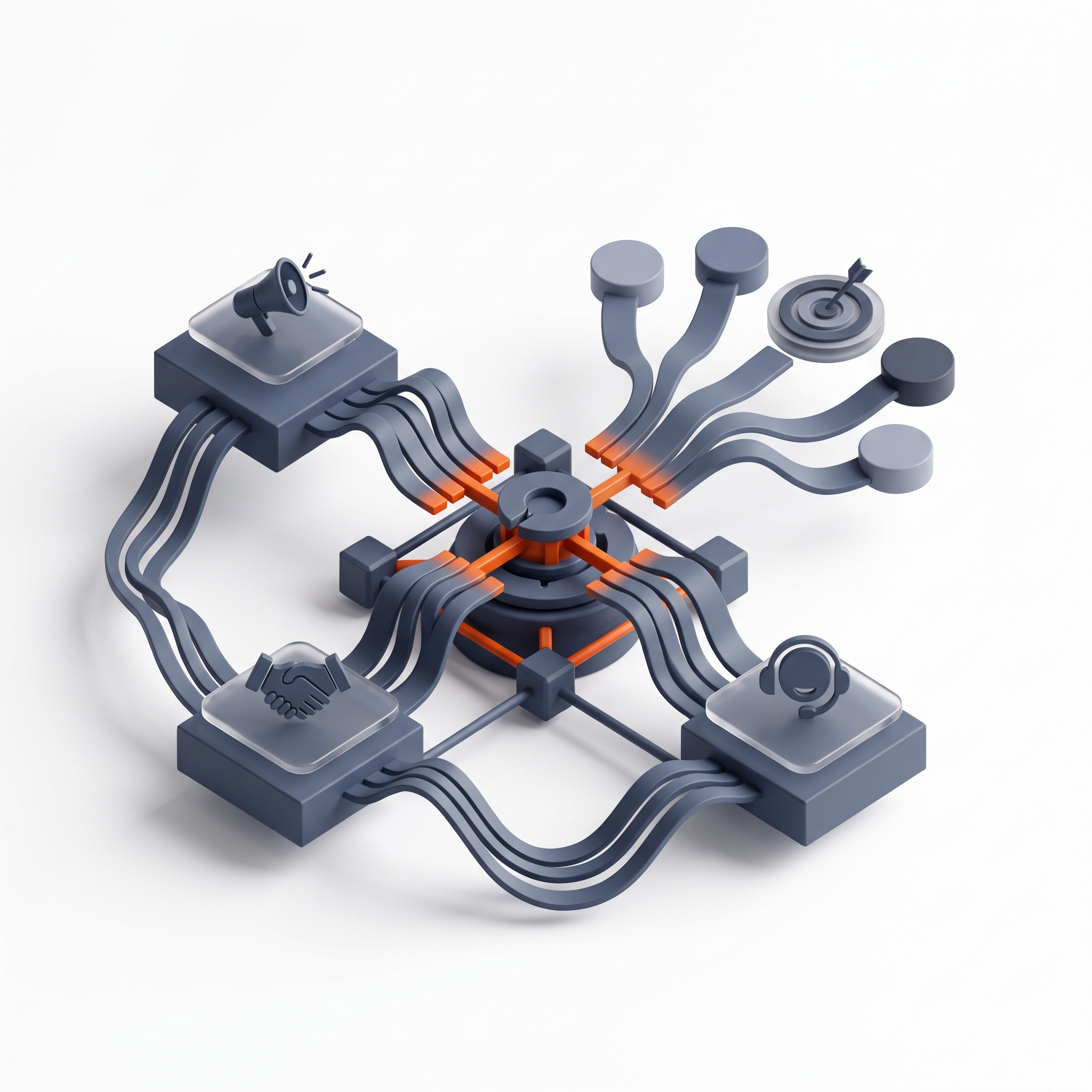 Ilustração 3D isométrica conceitual sobre fundo branco representando a integração de processos B2B. Um núcleo central conecta vias de dados cinzas com destaques em laranja a quatro plataformas com ícones de megafone (marketing), aperto de mão (vendas), headset (sucesso do cliente) e um alvo com flecha (prospecção de contas).
