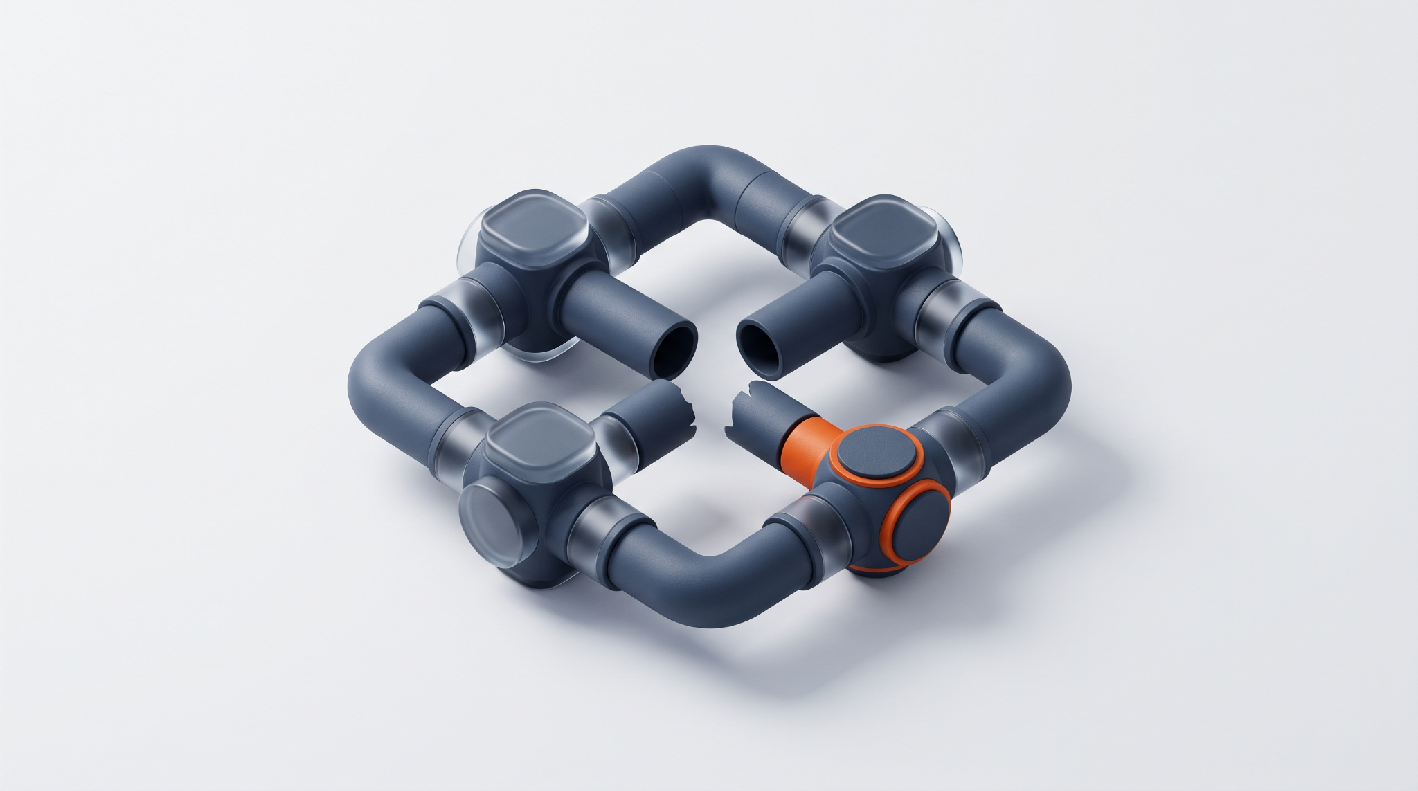 Escultura 3D isométrica e minimalista sobre fundo azul escuro (Navier Slate), exibindo uma estrutura geométrica de dutos e nós desconectados com um único ponto de destaque em laranja vibrante (Navier Orange). A composição ilustra de forma abstrata as falhas de integração de dados, gargalos operacionais e a fragmentação em processos B2B.